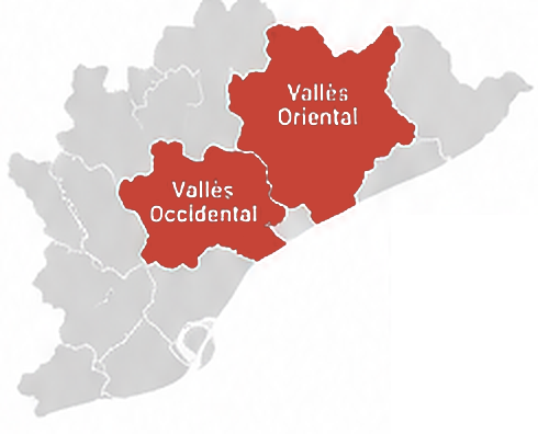 Mapa de la provincia de Barcelona con el Vallès Oriental y el Vallès Occidental marcados